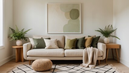 Inviting interior of a natural studio apartment featuring a beige couch, wooden elements, plants, a pouf, artwork, and a patterned rug