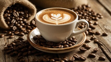 Latte coffee cup with heart design and coffee beans in the backdrop