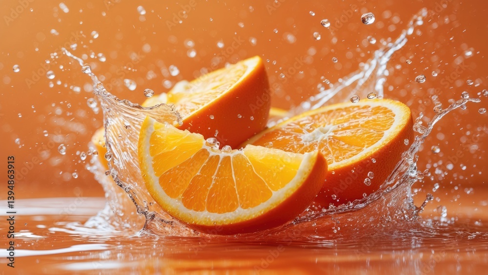 Poster creative display of fresh sliced oranges and orange fruit with water splashing over an orange surfac