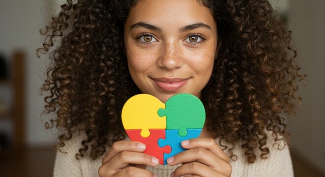 Young woman showing autism awareness with colorful heart puzzle. Educational support for patient with down syndrome. Medical help for child with special needs. - Powered by Adobe