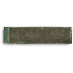 A weathered metal plaque with a blank surface, possibly for signage or labeling purposes.