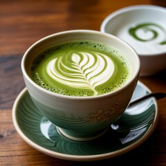 A beautifully crafted matcha latte featuring delicate latte art, served in a traditional Japanese-style ceramic cup. Captured in a clean, minimalist setting ideal for themes like Japanese culture, spe