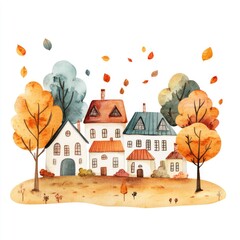 Watercolor painting of autumn trees and houses
