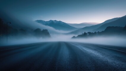 Dimly lit road, dark blue asphalt abstract backdrop, vacant dark mountain landscape, with cold white smoke mist rising for product presentation