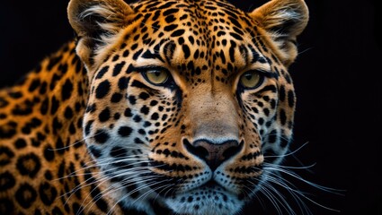 Fototapeta premium Intimate portrait of an adult leopard. Animal featured on a dark setting