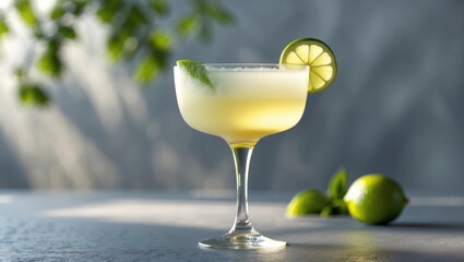 Glass containing daiquiri cocktail. Summer drink for adults.
