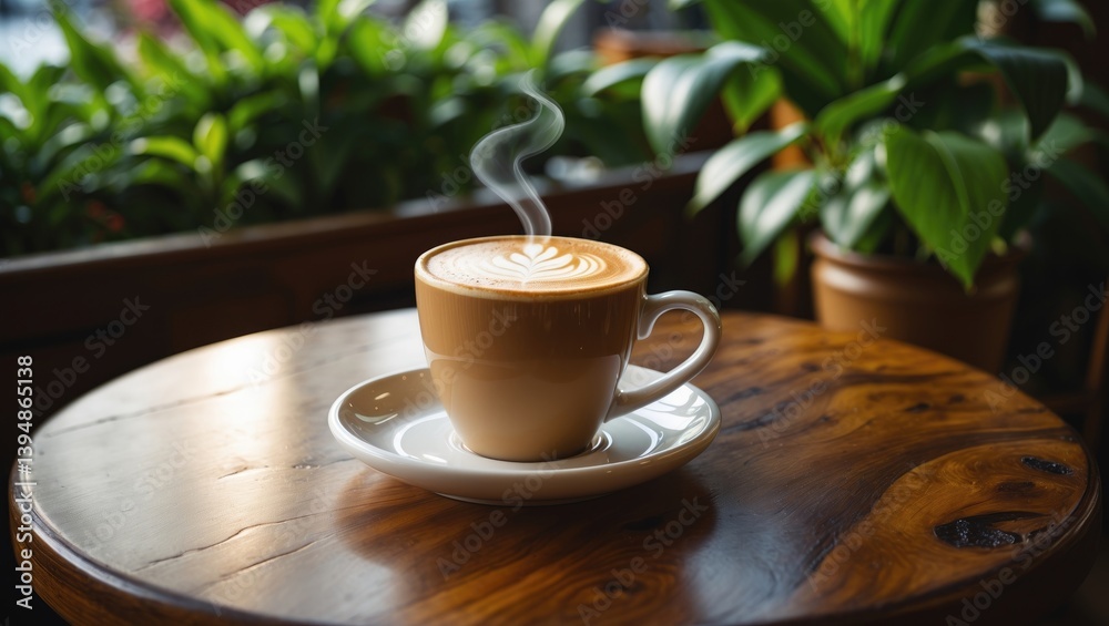 Poster cafã© scene with a cappuccino coffee cup on a wooden table and a background of green plants. front-f