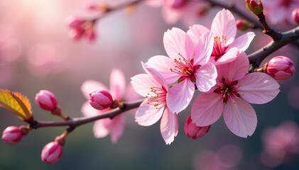 Obraz premium Delicate pink sakura blossoms, intricate branch details, art, sakura branch