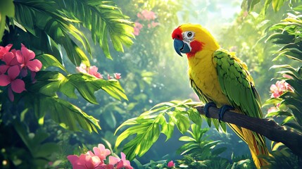 Colorful parrot perched amidst vibrant foliage and blooming flowers in a tropical setting.