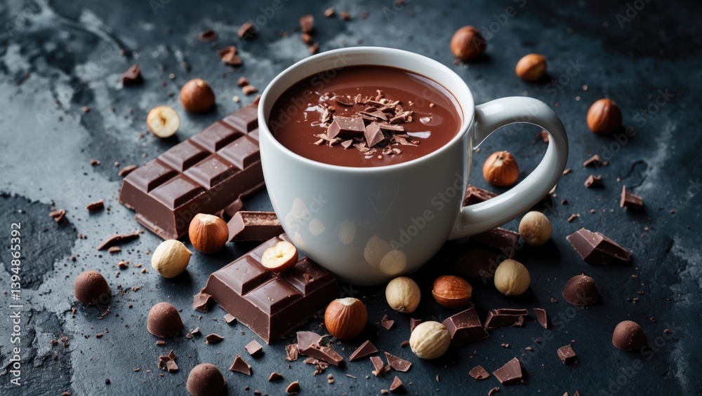 Poster Hot cocoa in a cup with chocolate bits on a dark concrete setting