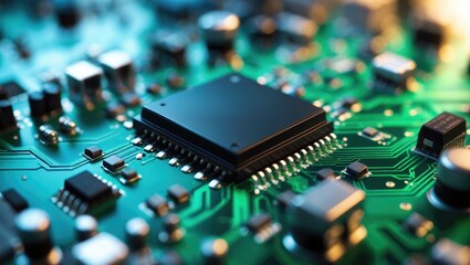 A green circuit board equipped with a black integrated circuit chip and different small electronic components, illustrating technology, hardware, and electrical engineering.