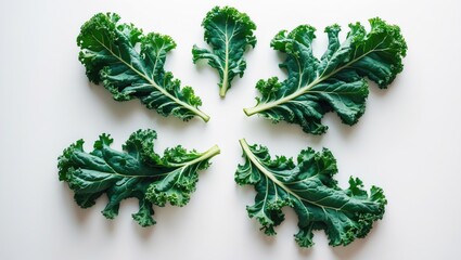 Obraz premium Artistic arrangement of kale leaves. Top view. Fresh kale salad on a white backdrop. Culinary idea.