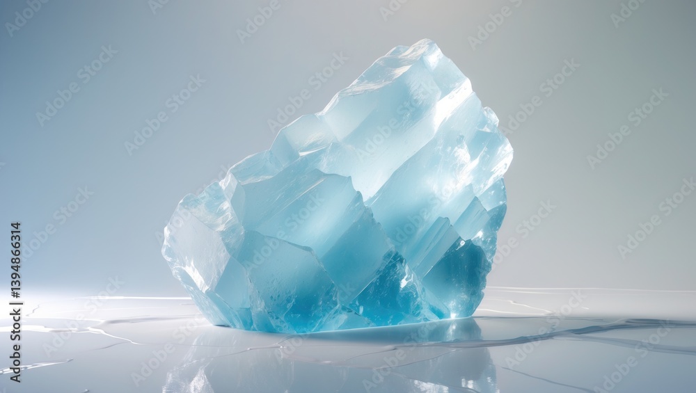 Poster Clear natural ice block with a rough texture in light blue colors on a reflective white surface.