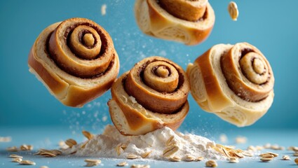 Fototapeta premium Cinnamon rolls with vanilla cream cascading on a blue surface