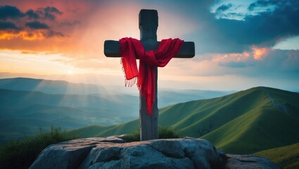 dramatic sky featuring a cross with red cloth