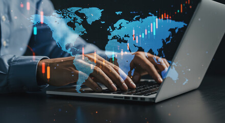 Global Market Analysis: Man Typing on Laptop with World Map & Financial Data Overlay. Business Insights, Investment Strategies & Digital Economy Growth.