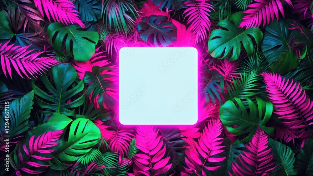 Poster Nature concept showcasing a flat lay of tropical leaves with a neon light square in a vivid fluorescent color scheme.