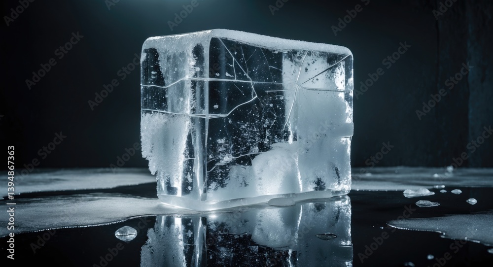 Poster Transparent frosty ice block showcasing cracks against a reflective backdrop.