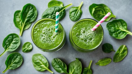 Obraz premium Glass of spinach detox smoothie on a grey background. Top-down view featuring blank space.