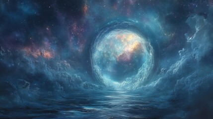 Ethereal Cosmic Portal Surrounded by Clouds and Starry Skies Reflecting on a Calm Ocean Landscape