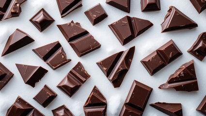 Fototapeta premium Shattered chocolates or fragmented chocolate chips or chocolate pieces viewed from above on a background