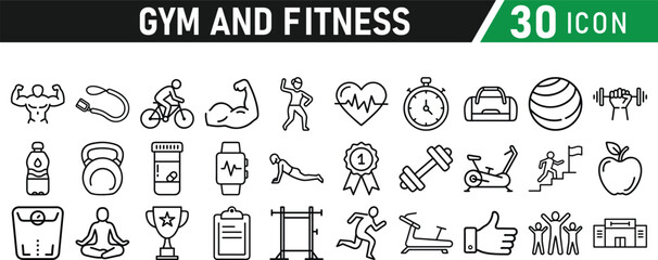 Gym and fitness 30 icon set. Healthy lifestyle, weight training, body care, and workout or exercise equipment are icons. Icons vector collection.