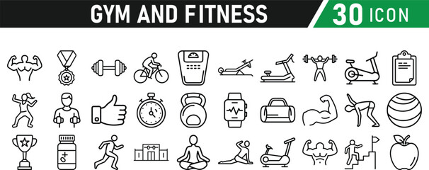 Gym and fitness 30 icon set. Healthy lifestyle, weight training, body care, and workout or exercise equipment are icons. Icons vector collection.