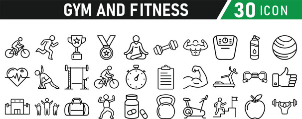 Gym and fitness 30 icon set. Healthy lifestyle, weight training, body care, and workout or exercise equipment are icons. Icons vector collection.