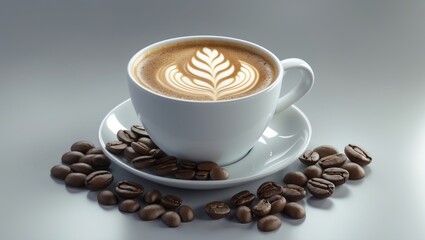 Obraz premium Background featuring a cup of latte and coffee beans isolated