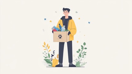 A Young Man Proudly Holding a Recycling Box Filled with Various Recyclable Materials