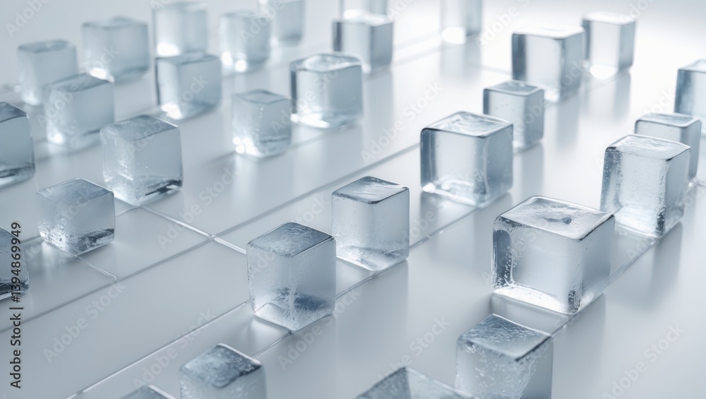 Poster cubes of ice arranged on a white backdrop.
