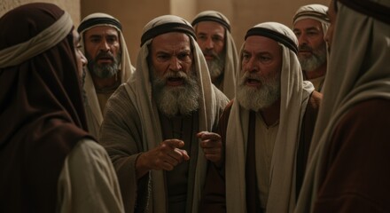 Group of men wearing ancient headdresses in heated discussion, as jewish priests and pharisees debating in old testament times, depicting biblicial conflict and religious themes