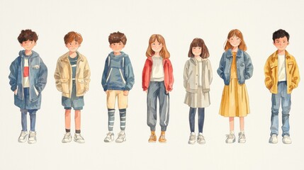 Obraz premium Hand-drawn watercolor illustration of a set of playful kids, each with distinct hairstyles and outfits, isolated on a light background.