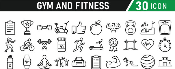 Gym and fitness 30 icon set. Healthy lifestyle, weight training, body care, and workout or exercise equipment are icons. Icons vector collection.
