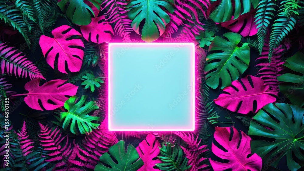 Poster Tropical leaves arranged in a creative fluorescent color layout with a neon light square. Flat lay. Nature theme.