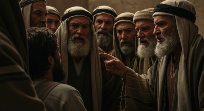 Ancient Jewish men confront a man, biblical times scene for historical context, Christian faith, conveying tension, disagreement, challenge and old testament theme