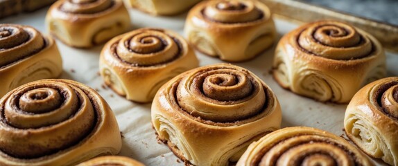 Fototapeta premium Close-up of cinnamon rolls. Cinnamon buns on a baking tray. Focused detail