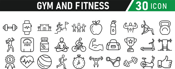 Gym and fitness 30 icon set. Healthy lifestyle, weight training, body care, and workout or exercise equipment are icons. Icons vector collection.