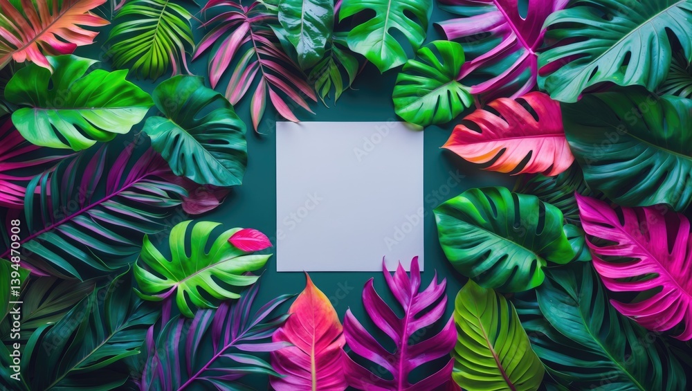 Poster Tropical Leaves with Paper Card Note in a Creative Fluorescent Color Layout. Flat Lay. Nature Theme.