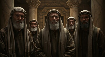 Fototapeta premium Council of jewish elders in temple. Holy men giving advice, debating religious questions and making decisions. Biblical times scene for religious books and articles.