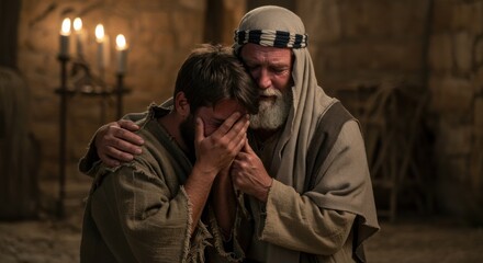 Biblical scene of father embracing his caucasian son with love and forgiveness. Man repenting. Reunion for religious story, parable of the prodigal son, easter