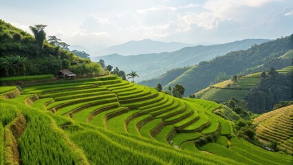 Fototapeta premium Lush terraced fields with mountains in the background under a soft sky.