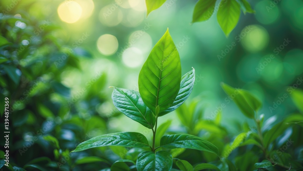 Aufkleber close-up of a healthy green leaf set against a blurred greenery background in a garden with availabl