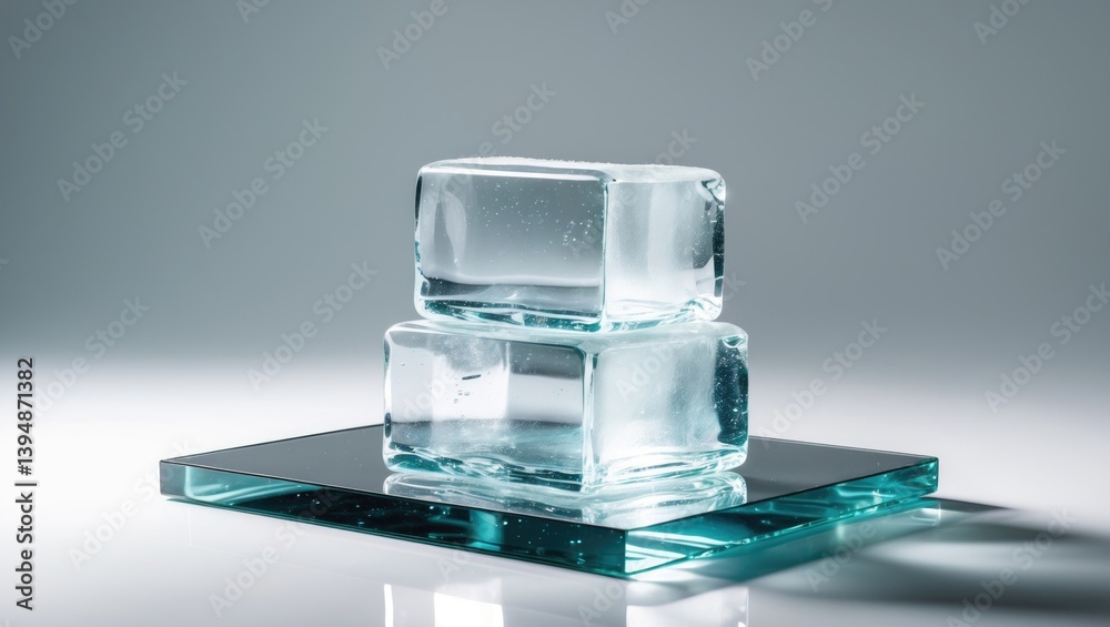 Poster Crystal-clear ice blocks in a rectangular arrangement placed on a shiny surface with a white background.