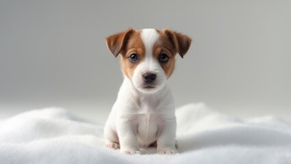 Sweet Jack Russell Terrier puppy seated solo against a white background