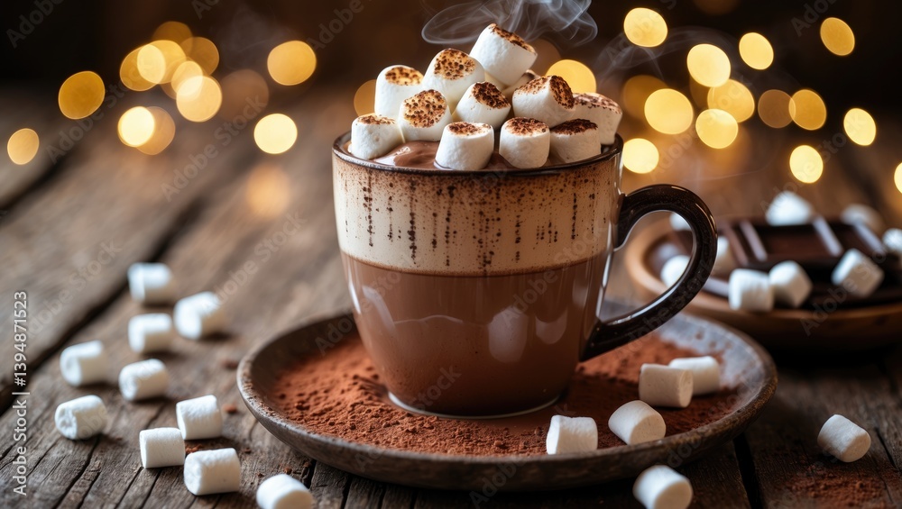 Poster mug of fragrant hot chocolate topped with marshmallows and cocoa powder on a wooden surface