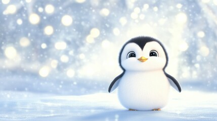 Obraz premium Cute cartoon penguin on snowy background with soft bokeh lights