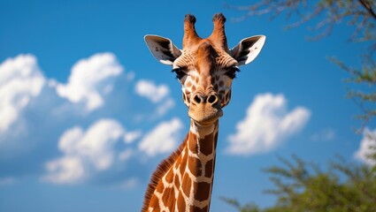 Fototapeta premium The tallest land mammal on Earth is the giraffe, known for its neck that can be up to 6 meters long. This image showcases a solitary giraffe feeding in its natural surroundings.