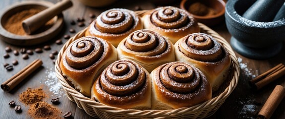 Fototapeta premium Cinnamon pastries arranged on a kitchen table.