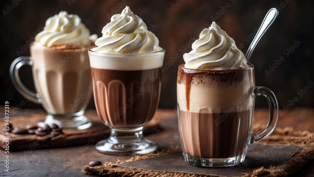 Poster homemade latte topped with whipped cream on a rustic brown table featuring creamy milk chocolate dri